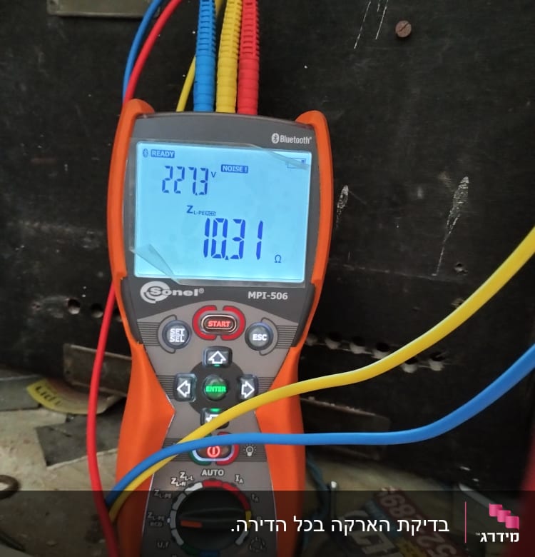 מודד חשמל עם חוטים צבעוניים ותצוגה דיגיטלית